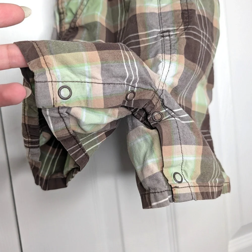 Gymboree Boys Brown Green Plaid Cotton Shortall Overalls 3T RN70530
